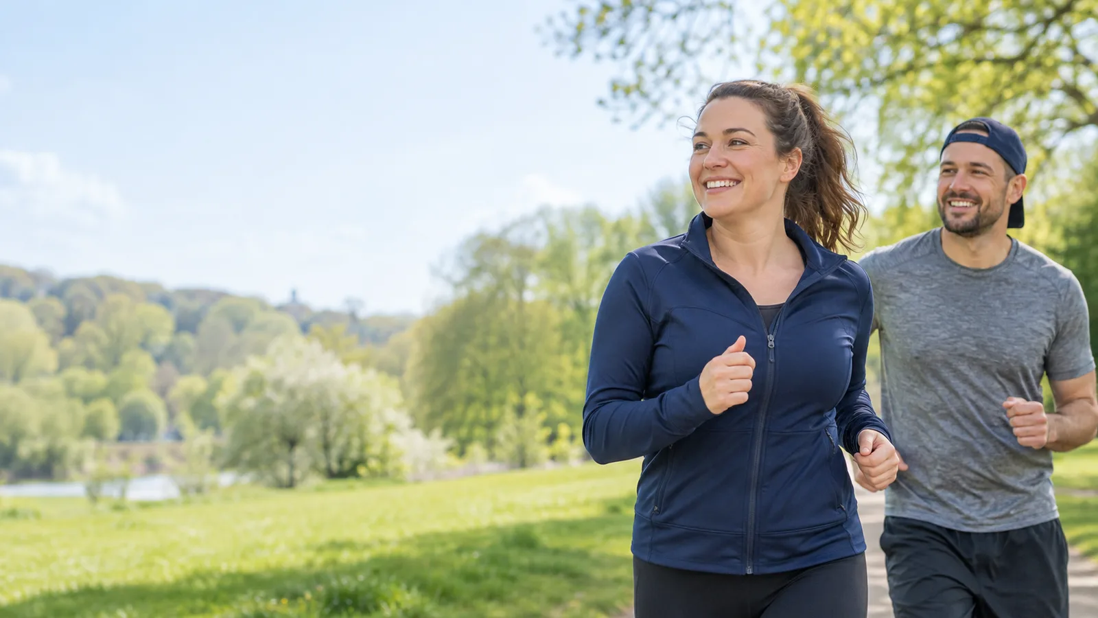 Two adults enjoying a jog together in a leafy park