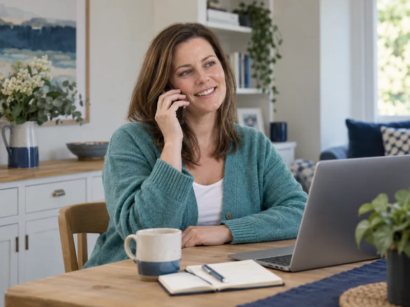 Illustrative image of a woman speaking to her pharmacy team by phone